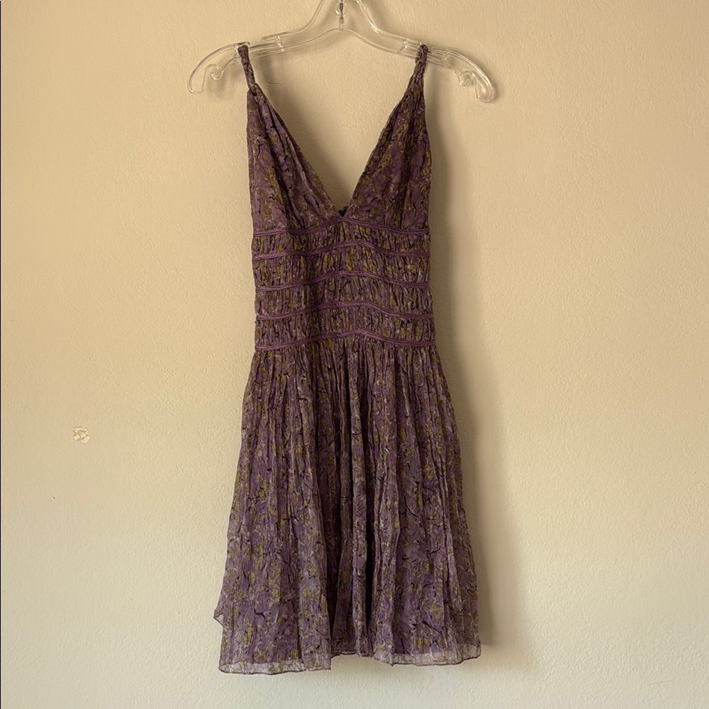 100% Silk Elegant Purple Floral Mini Dress